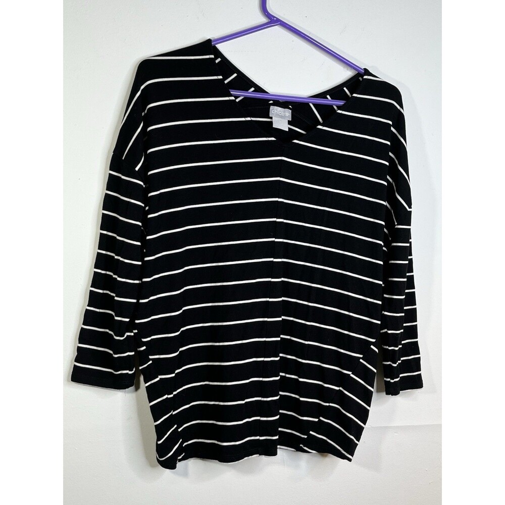 Chicos Striped V neck sz 0 small 4 3/4 sleeve Black White Striped